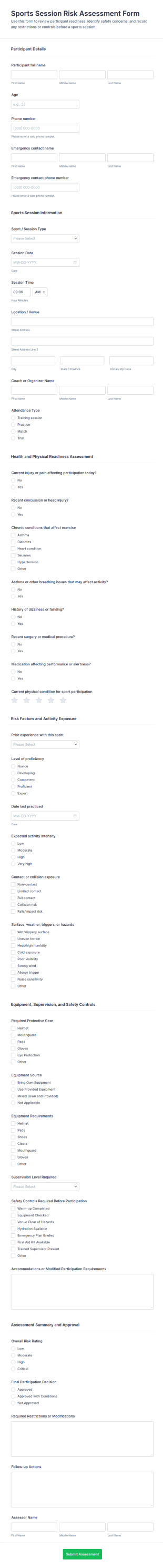 Sports Session Risk Assessment Form Template