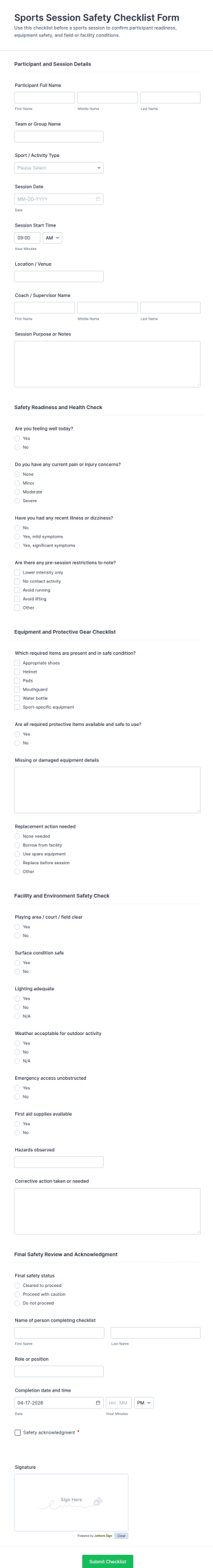 Sports Session Safety Checklist Form Template
