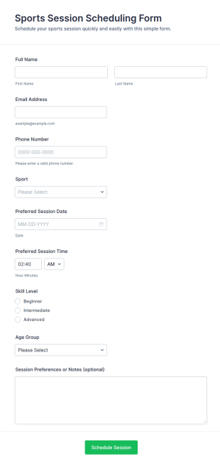 Sports Session Scheduling Form Template