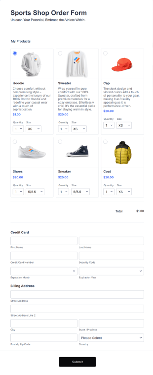 Sports Shop Order Form Template