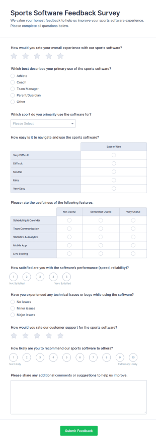 Sports Software Feedback Survey Form Template
