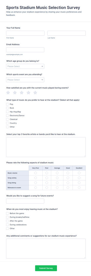 Sports Stadium Music Selection Survey Form Template