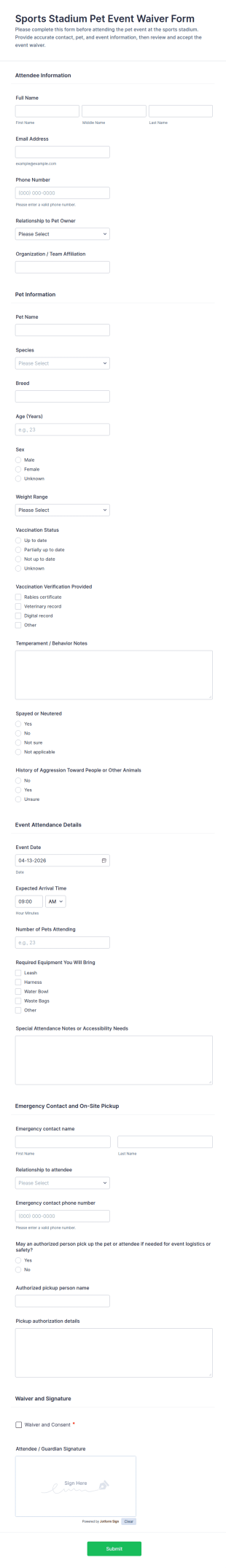 Sports Stadium Pet Event Waiver Form Template