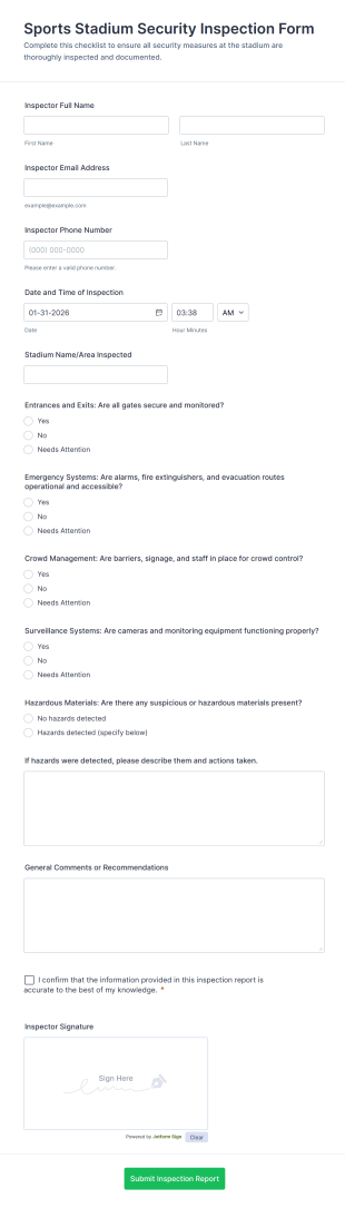 Sports Stadium Security Inspection Form Template