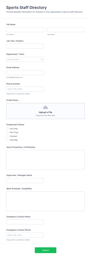 Sports Staff Directory Form Template