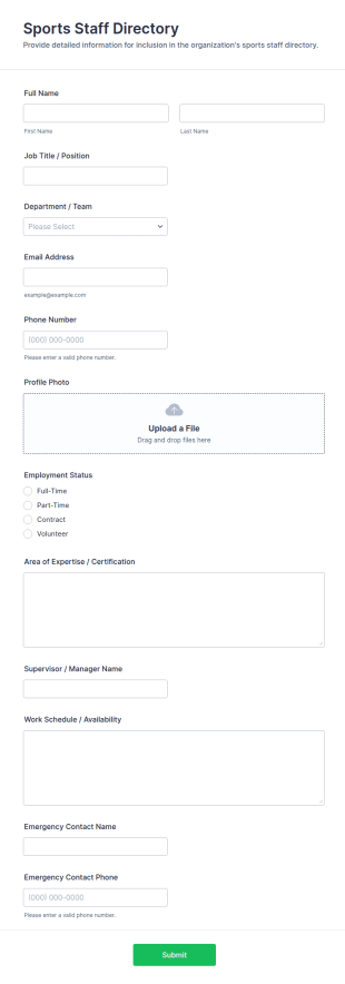 Sports Staff Directory Form Template