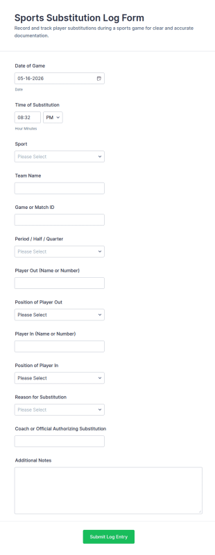Sports Substitution Log Form Template