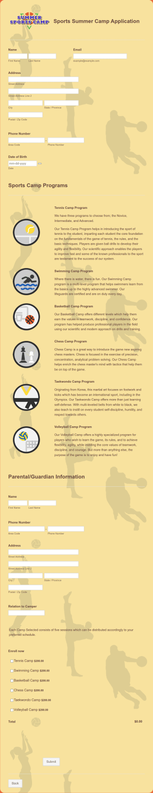 Sports Summer Camp Application Form Template