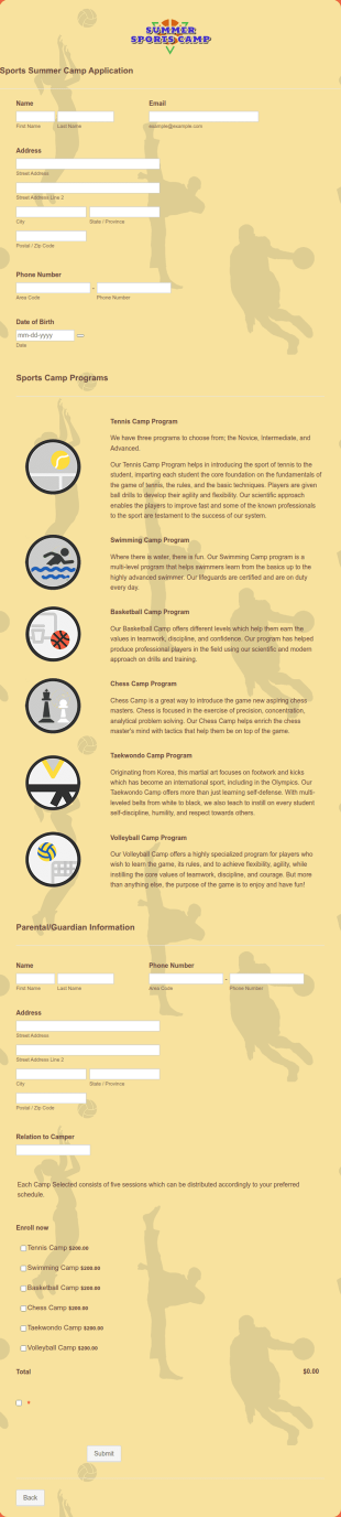 Sports Summer Camp Application Form Template