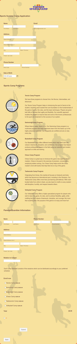 Sports Summer Camp Application Form Template