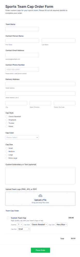 Sports Team Cap Order Form Template