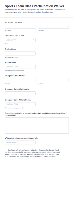 Sports Team Class Participation Waiver Form Template