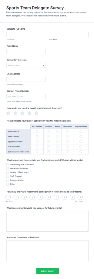 Sports Team Delegate Survey Form Template