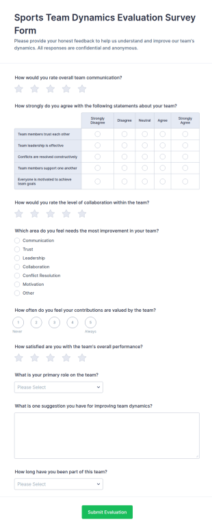 Sports Team Dynamics Evaluation Survey Form Template