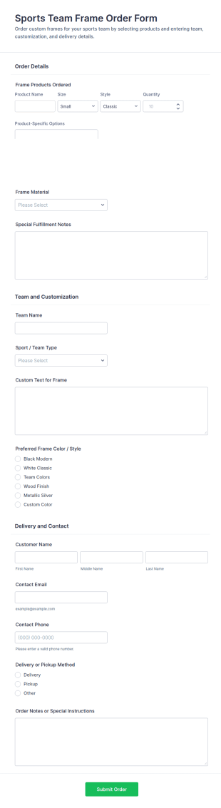 Sports Team Frame Order Form Template