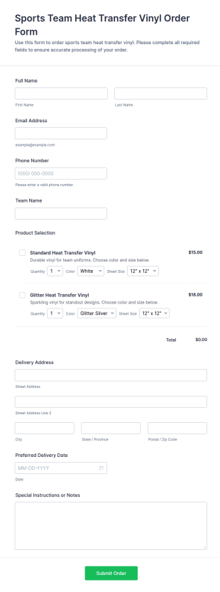 Sports Team Heat Transfer Vinyl Order Form Template