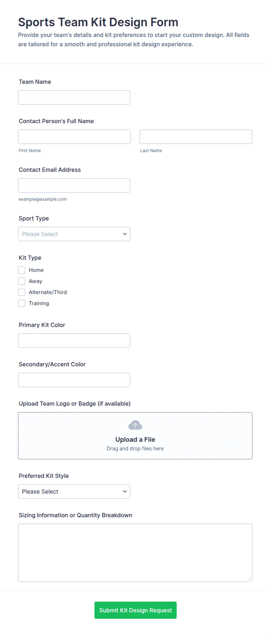 Sports Team Kit Design Form Template | Jotform