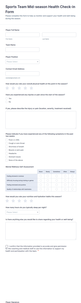 Sports Team Mid Season Health Check In Form Template