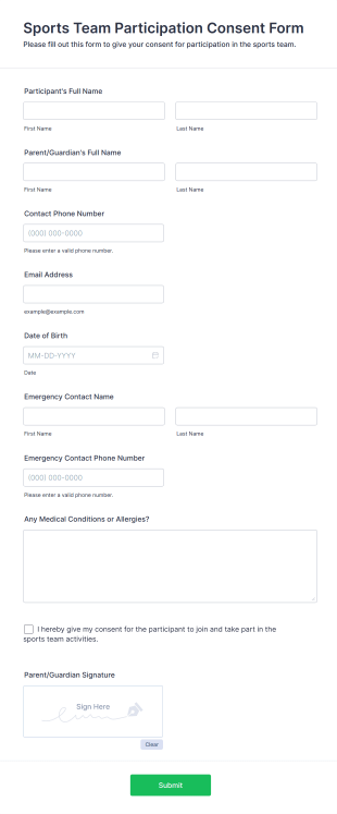 Sports Team Participation Consent Form Template