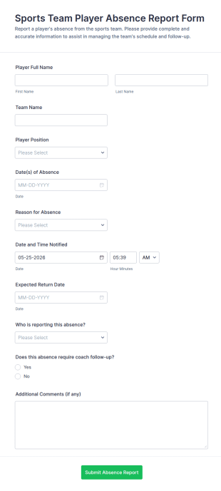 Sports Team Player Absence Report Form Template