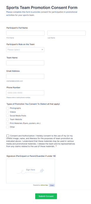 Sports Team Promotion Consent Form Template