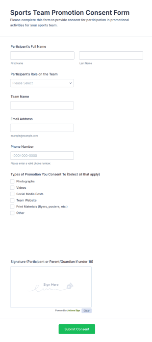 Sports Team Promotion Consent Form Template