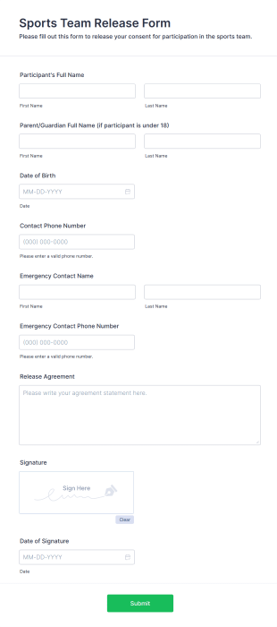 Sports Team Release Form Template