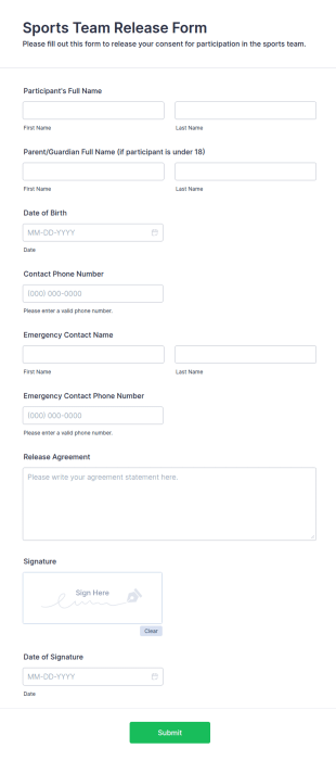 Sports Team Release Form Template