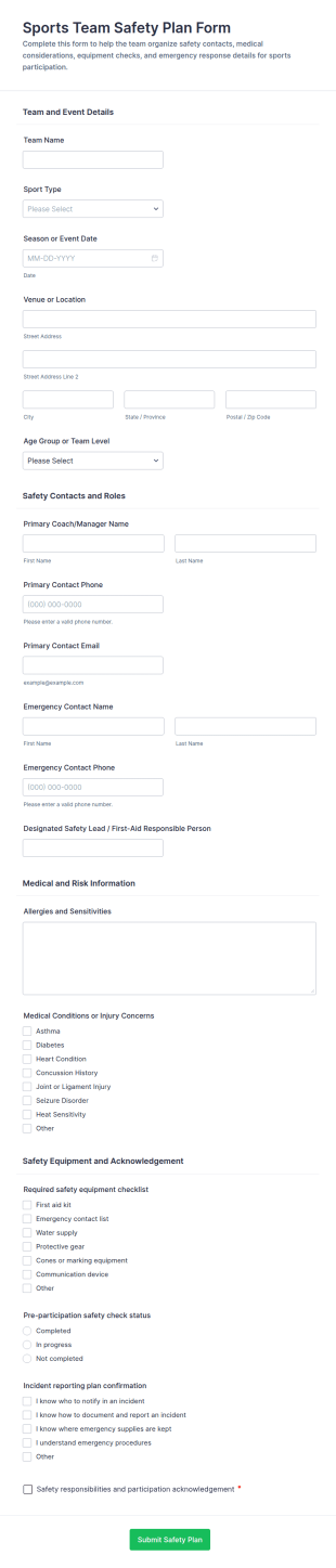 Sports Team Safety Plan Form Template