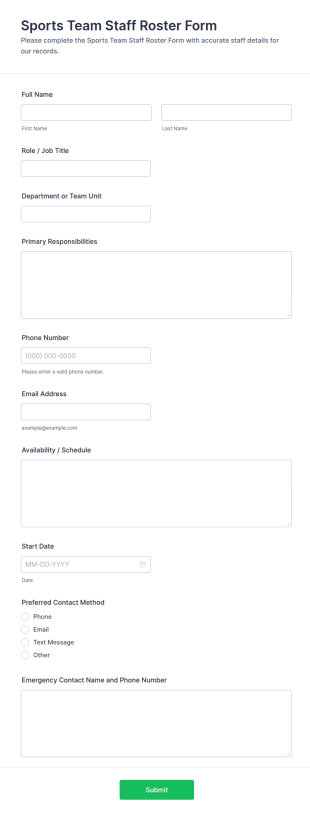Sports Team Staff Roster Form Template