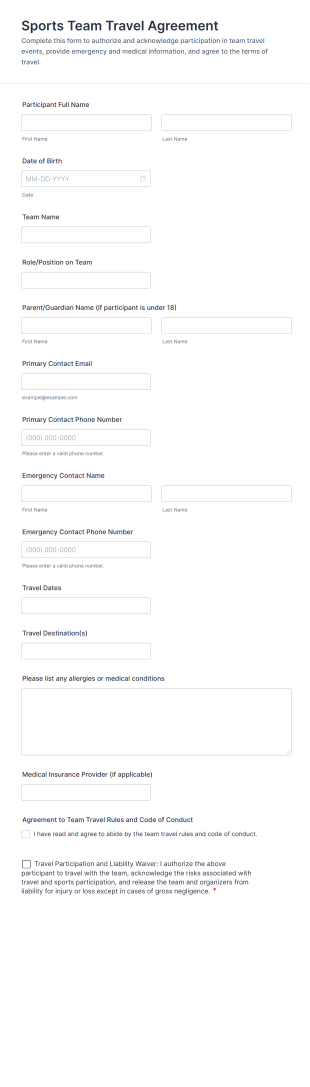 Sports Team Travel Agreement Form Template