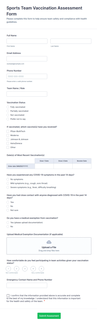 Sports Team Vaccination Assessment Form Template