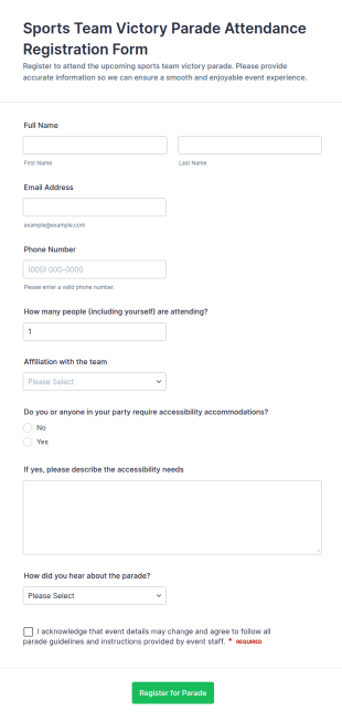 Sports Team Victory Parade Attendance Registration Form Template