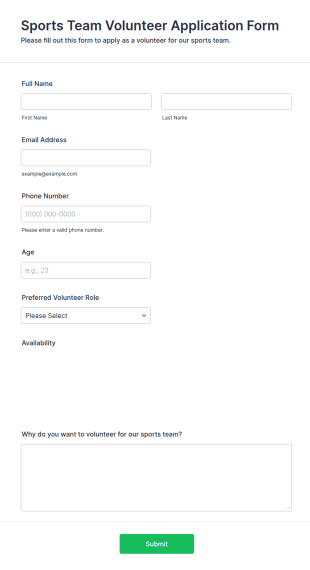 Sports Team Volunteer Application Form Template