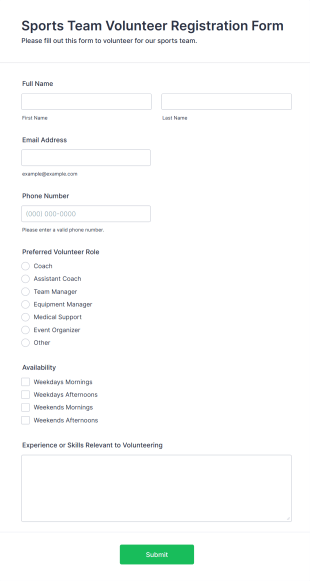 Sports Team Volunteer Registration Form Template