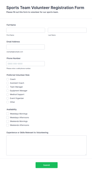 Sports Team Volunteer Registration Form Template