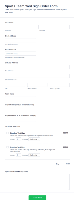 Sports Team Yard Sign Order Form Template
