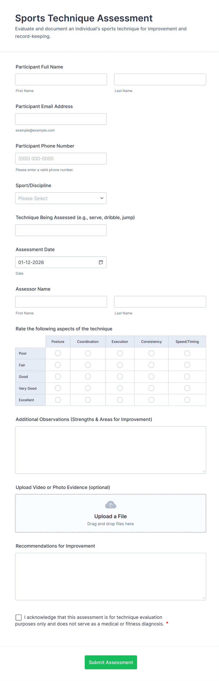 Sports Technique Assessment Form Template | Jotform