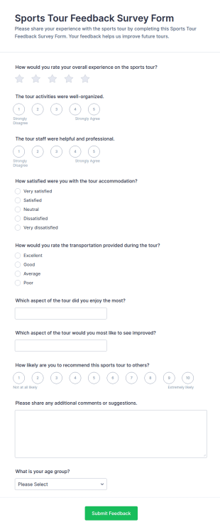 Sports Tour Feedback Survey Form Template