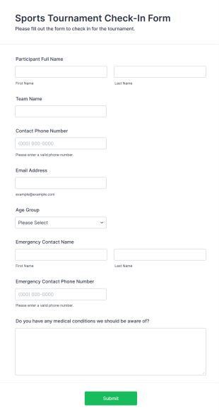 Sports Tournament Check In Form Template