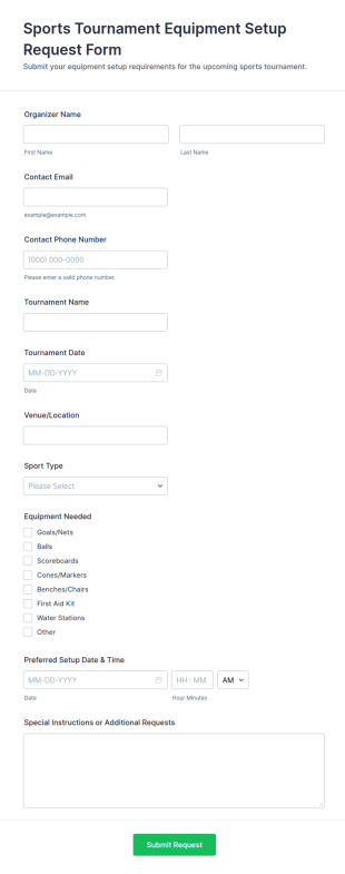 Sports Tournament Equipment Setup Request Form Template