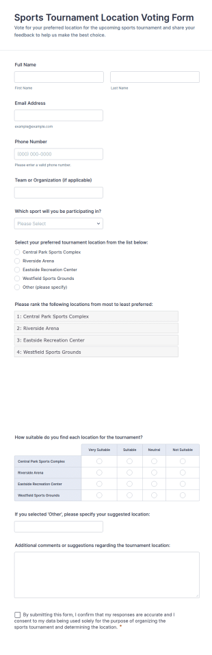 Sports Tournament Location Voting Form Template