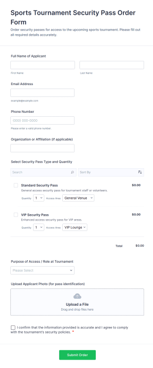 Sports Tournament Security Pass Order Form Template