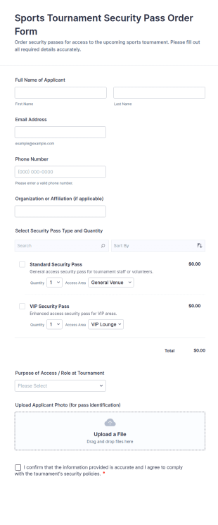 Sports Tournament Security Pass Order Form Template