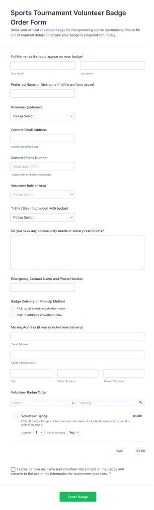 Sports Tournament Volunteer Badge Order Form Template