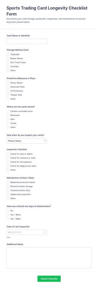 Sports Trading Card Longevity Checklist Form Template