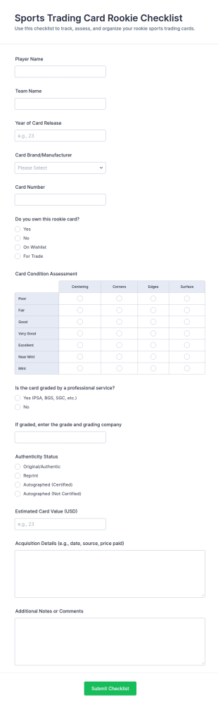 Sports Trading Card Rookie Checklist Form Template