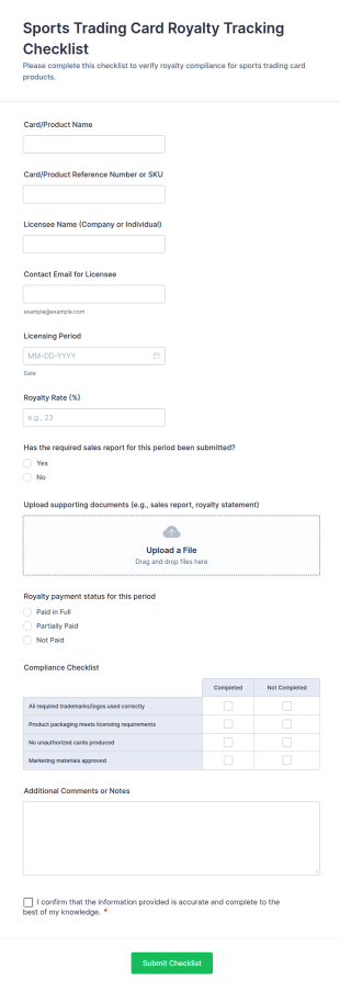 Sports Trading Card Royalty Tracking Checklist Form Template
