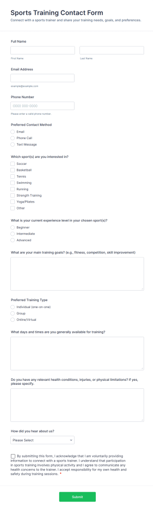 Sports Training Contact Form Template