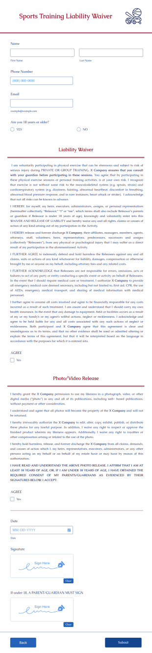 Sports Training Liability Waiver Form Template